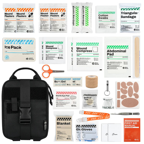 RHINO RESCUE First Aid Kit – Home & Outdoor Emergency Set with Burn Gel, Tourniquet & More