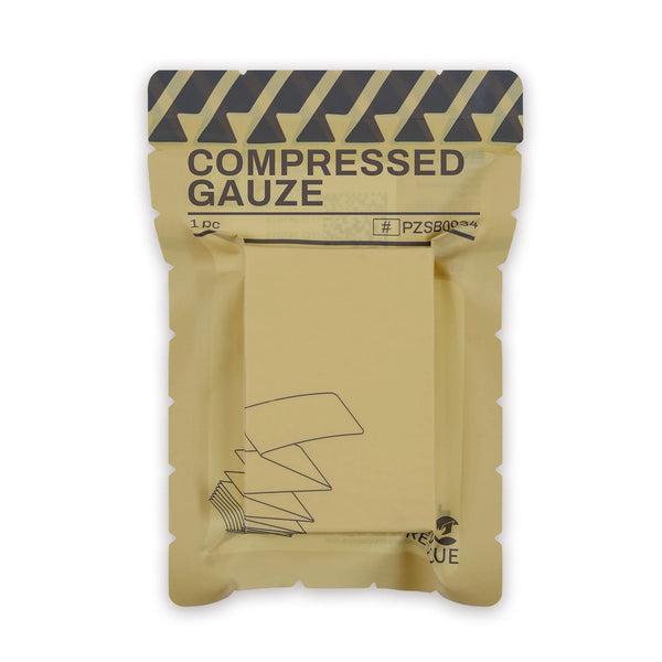 Vacuum-sealed RHINO RESCUE sterile compressed gauze for emergency wound dressing and trauma use.

