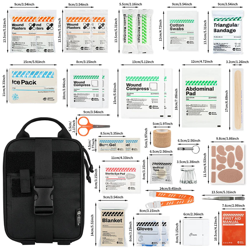 RHINO RESCUE First Aid Kit – Home & Outdoor Emergency Set with Burn Gel, Tourniquet & More