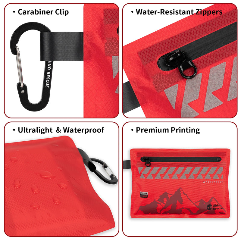 rhino rescue 107 piece waterproof first aid kit closed

compact emergency first aid kit contents displayed

ultralight travel medical kit for hiking and outdoors

first aid kit with tourniquet, bandages, tweezers, CPR mask