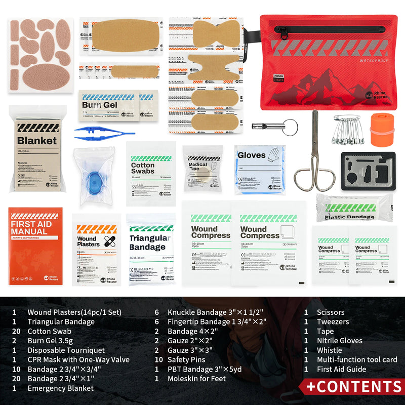 rhino rescue 107 piece waterproof first aid kit closed

compact emergency first aid kit contents displayed

ultralight travel medical kit for hiking and outdoors

first aid kit with tourniquet, bandages, tweezers, CPR mask