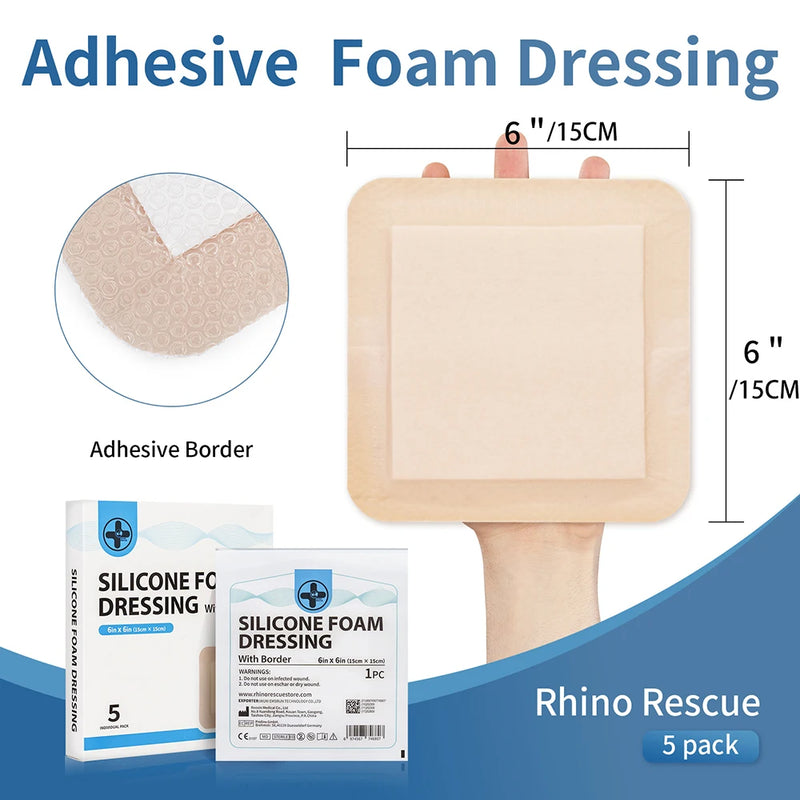 Pack of 5 RHINO RESCUE silicone foam dressings, 6x6 inches, for high-absorbency wound care with gentle adhesive border.


