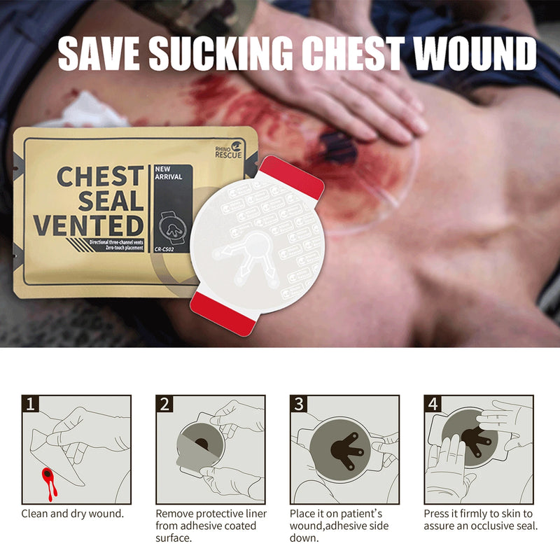 RHINO RESCUE Tactical Chest Seal Vented, Trauma Care for Combat Medics Chest Sealing Patch,IFAK Supplies
