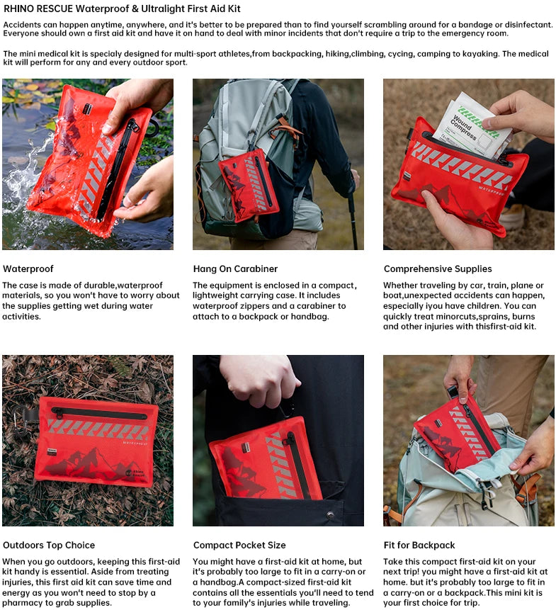 rhino rescue 107 piece waterproof first aid kit closed

compact emergency first aid kit contents displayed

ultralight travel medical kit for hiking and outdoors

first aid kit with tourniquet, bandages, tweezers, CPR mask