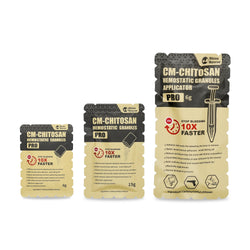 RHINO RESCUE Chitosan Hemostatic Powder in 6g and 15g pouches for emergency bleeding control.

