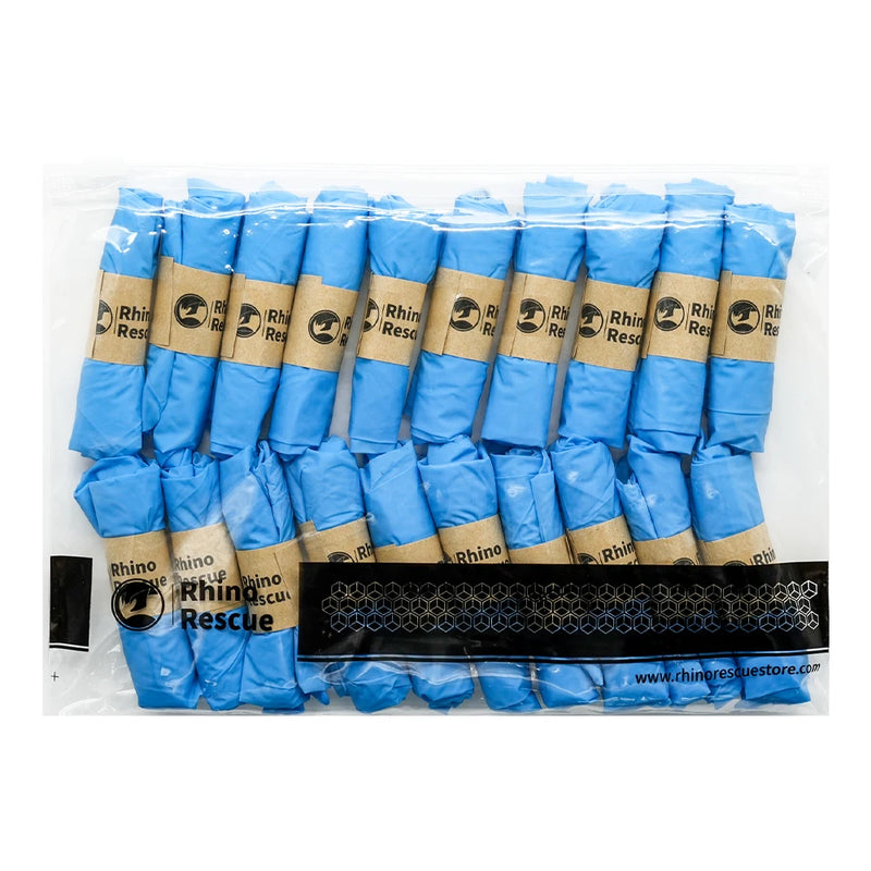 Box of RHINO RESCUE latex and powder-free disposable gloves for medical or tactical use.