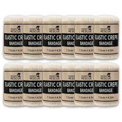 Set of RHINO elastic crepe bandages in 6 or 12 pack, rolled and ready for first aid or wound care use.


