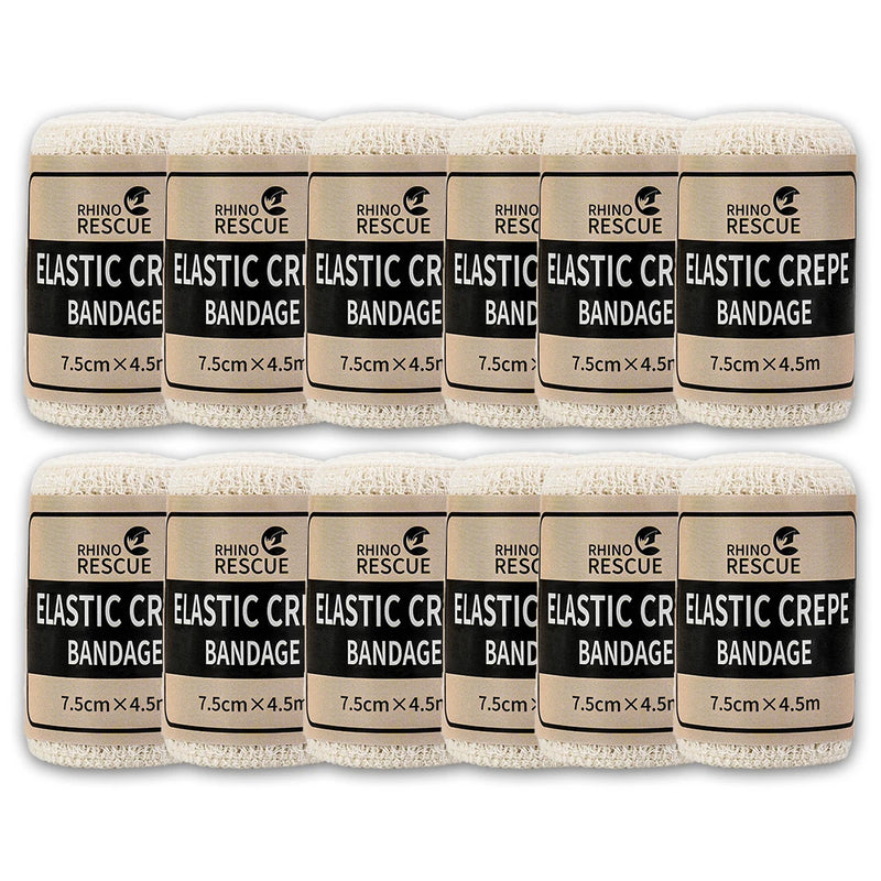 Set of RHINO elastic crepe bandages in 6 or 12 pack, rolled and ready for first aid or wound care use.

