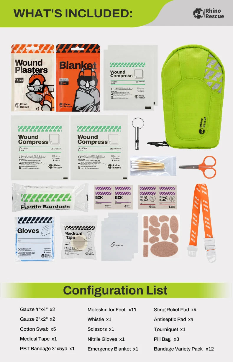 RHINO RESCUE Outdoor Travel First Aid Kit, lightweight, portable and waterproof, suitable for hiking, climbing, car and cycling